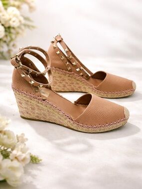 Valentino Garavani rockstar studded Wedge Espadrille Sandals in pink Sz 40
